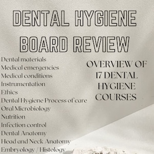 Peut inclure: Un téléchargement numérique PDF de 17 cours d'hygiène dentaire. Les cours couvrent des sujets tels que les matériaux dentaires, les urgences médicales, les conditions médicales, l'instrumentation, l'éthique, le processus de soins d'hygiène dentaire, la microbiologie buccale, la nutrition, le contrôle des infections, l'anatomie dentaire, l'anatomie de la tête et du cou, l'embryologie/histologie, la radiologie, la pathologie, la pharmacologie, la parodontologie et la santé publique dentaire. L'image montre également un modèle dentaire et un outil dentaire.
