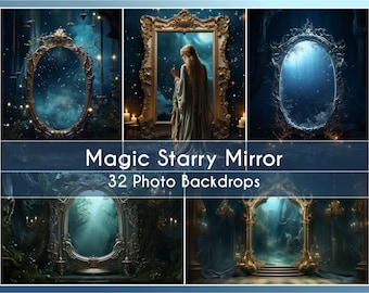 32 Photo Backdrop Set, Magic Starry Mirror, Digital Background Fine Art Canva Studio