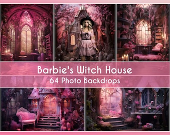 64 Photo Backdrops Set, Barbies Witch Hous Scenario, Digital Backgrounds Studio