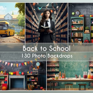 Könnte beinhalten: Ein Set mit 130 digitalen Fotohintergründen für schulthemenbezogene Fotografie. Die Hintergründe zeigen eine Vielzahl von Klassenzimmereinstellungen, darunter eine Bibliothek, ein Labor und ein Klassenzimmer mit einer Tafel. Die Hintergründe sind perfekt, um lustige und kreative schulthemenbezogene Fotos zu erstellen.