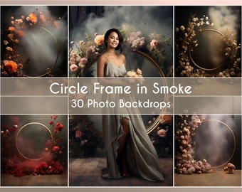 30 Photo Backdrop Set, Circle frame in smoke mist Digital Background Fine Art Canva Studio