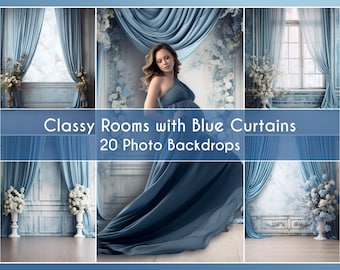 140 20 Photo Backdrops Set, Classy Rooms with Blue Curtain for Maternity Photoshoots