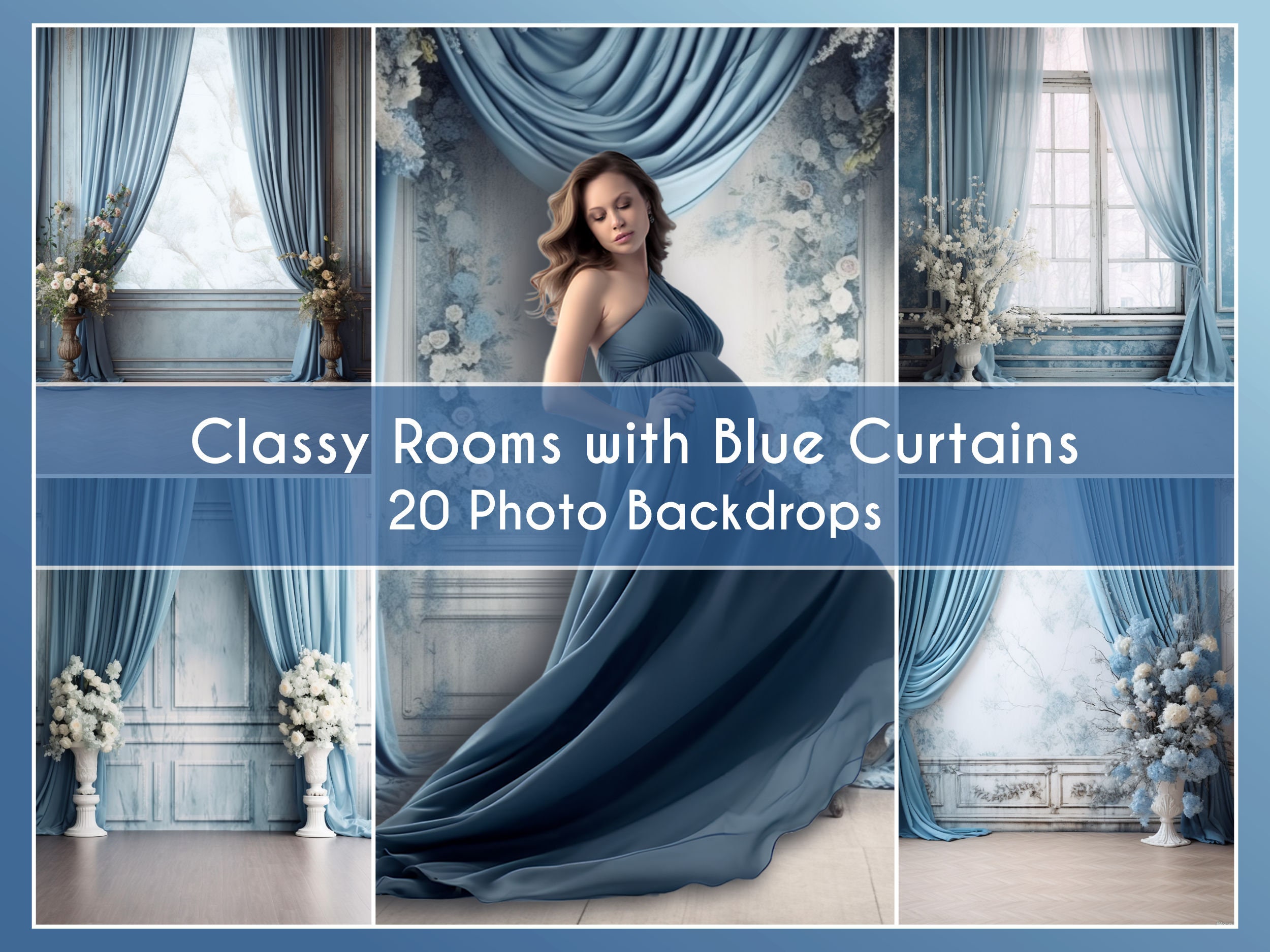 140 20 Photo Backdrops Set, Classy Rooms With Blue Curtain for ...