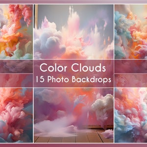 Könnte beinhalten: Ein Set mit 15 digitalen Fotohintergründen mit bunten Wolken in Rosa-, Blau- und Orangetönen. Die Hintergründe sind perfekt für Fotografen und Grafikdesigner, die einzigartige und verträumte Bilder erstellen möchten.