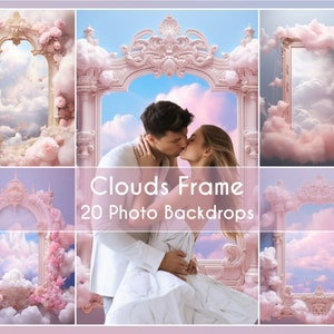 May include: A collage of nine images featuring ornate, pink-toned frames and cloud backdrops. The text "Clouds Frame" and "20 Photo Backdrops" is visible. Some images show couples kissing, while others display the frames with clouds.