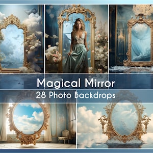 May include: A set of 28 digital photo backdrops featuring ornate gold mirrors reflecting a variety of scenes, including clouds, a seascape, and a woman in a blue dress. The text "Magical Mirror" and "28 Photo Backdrops" is displayed on a blue background.