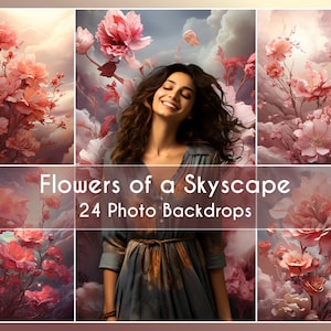 Könnte beinhalten: Eine Collage aus 24 digitalen Foto-Hintergründen, die eine Frau vor einem verträumten rosa Blumenhimmel zeigen. Der Text "Flowers of a Skyscape" und "24 Photo Backdrops" ist auf dem Bild zu sehen.