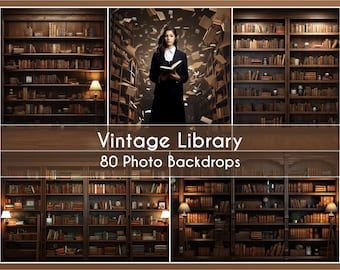 80 Photo Backdrop Set, vintage library, Digital Background Fine Art Canva Studio