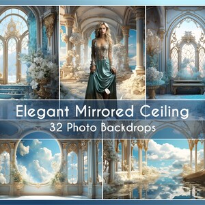 Może przedstawiać: Zestaw 32 cyfrowych tła do zdjęć przedstawiający elegancki, lustrzany sufit w kolorze białym i niebieskim z złotymi akcentami. Tła obejmują różne sceny, takie jak wielka sala z dużym oknem, balkon z widokiem na pochmurne niebo i pokój z lustrzanym sufitem odbijającym niebo.