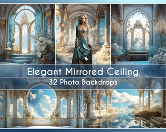 32 Photo Backdrop Set, Elegant Mirrored Ceiling, Digital Background Fine Art Canva Studio