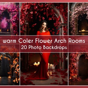 Może przedstawiać: Kolaż teł fotograficznych z motywem pokoi z łukami kwiatowymi. Obrazy przedstawiają łuki ozdobione żywymi kwiatami w odcieniach czerwieni, różu i pomarańczy. Widoczny jest tekst "warm Color Flower Arch Rooms" i "20 Photo Backdrops".