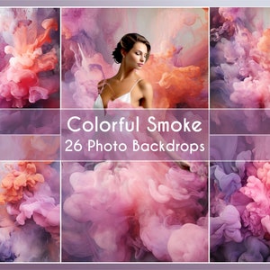 Könnte beinhalten: Eine Collage aus 26 bunten Rauch-Fotohintergründen. Die Hintergründe zeigen verschiedene Schattierungen von rosa, lila und orangefarbenem Rauch, der sich dreht und fließt.