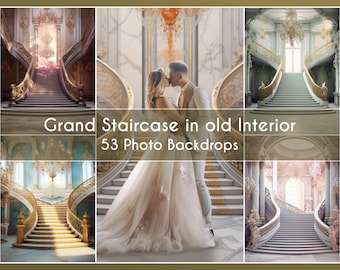 53 Photo Backdrop Set, Grand Staircase in old Interior for Wedding or Maternity Photoshoots