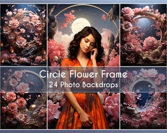 24 Photo Backdrop Set, Circle Flower Frame, Digital Background Fine Art Canva Studio