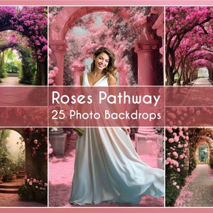 Może przedstawiać: Kolaż 25 cyfrowych tapet fotograficznych przedstawiających różową ścieżkę z róż z łukami. Tapety są idealne dla fotografów i artystów cyfrowych.