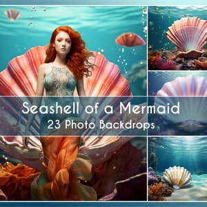 May include: A collage of 23 underwater photo backdrops featuring a mermaid in a large seashell. The backdrops are perfect for creating magical and whimsical photos.