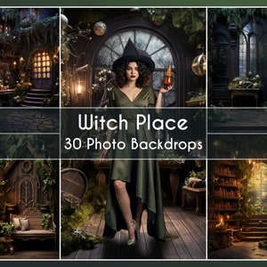 May include: A collection of 30 digital photo backdrops featuring a witchy theme. The backdrops include a variety of settings, such as a forest, a library, and a cottage. The backdrops are perfect for creating magical and enchanting photos.