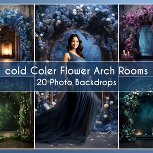 Może przedstawiać: Kolaż 20 cyfrowych tapet fotograficznych z kwiatowymi łukami w różnych odcieniach niebieskiego, zielonego i fioletowego. Tapety zostały zaprojektowane tak, aby stworzyć magiczną i urzekającą atmosferę do fotografii.