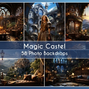 May include: A collection of 58 digital photo backdrops featuring a magical castle with a fairytale theme. The backdrops include a variety of settings, such as a grand hall, a cozy library, and a balcony overlooking a lush forest.