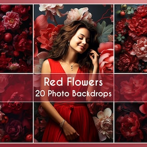 Könnte beinhalten: Eine Collage aus 20 roten Blumen-Fotohintergründen. Die Hintergründe zeigen verschiedene rote, rosa und weiße Blumen vor einem dunklen Hintergrund. Der Text "Red Flowers 20 Photo Backdrops" ist in der Mitte der Collage dargestellt.