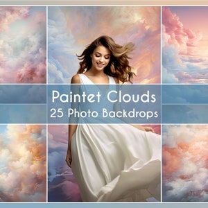 Könnte beinhalten: Eine Collage aus 25 digitalen Fotohintergründen mit gemalten Wolken in verschiedenen Schattierungen von Rosa, Blau und Weiß. Die Hintergründe sind ideal für Fotografen und Grafikdesigner.