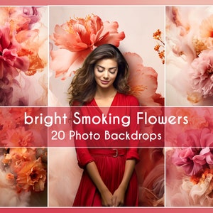 Könnte beinhalten: Eine Collage aus 20 digitalen Fotohintergründen mit abstrakten Blumendesigns in den Farben Pink, Pfirsich und Weiß. Die Hintergründe sind so gestaltet, dass sie wie Rauch oder Aquarell aussehen.