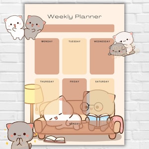 May include: A weekly planner with a light brown background and a light brown grid. The planner has a title that says "Weekly Planner" and has days of the week listed: Monday, Tuesday, Wednesday, Thursday, Friday, Saturday, and Sunday. The planner has cute cartoon cats in the corners and in the bottom center.