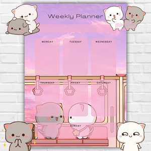 May include: A pink and white weekly planner with a pastel pink and purple sky background. The planner features a cute cartoon cat and dog design. The days of the week are listed at the top of each column: Monday, Tuesday, Wednesday, Thursday, Friday, Saturday, and Sunday.