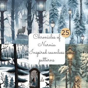 De Kronieken van Narnia naadloze patroon Narnia lantaarnpaal heks leeuw digitaal papier Narnia garderobe naadloze patronen Commercieel gebruik