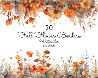 Watercolor Fall Flower Border Clipart: Autumn Wildflower Graphics (PNG Digital Download)