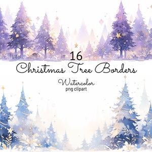 Könnte beinhalten: 16 Aquarell-Weihnachtsbaum-Ränder in einem Farbkonzept aus Lila und Blau. Die Bäume sind mit goldenen Sternen und Ornamenten geschmückt. Die Ränder sind perfekt, um Ihren Weihnachtsprojekten eine festliche Note zu verleihen.