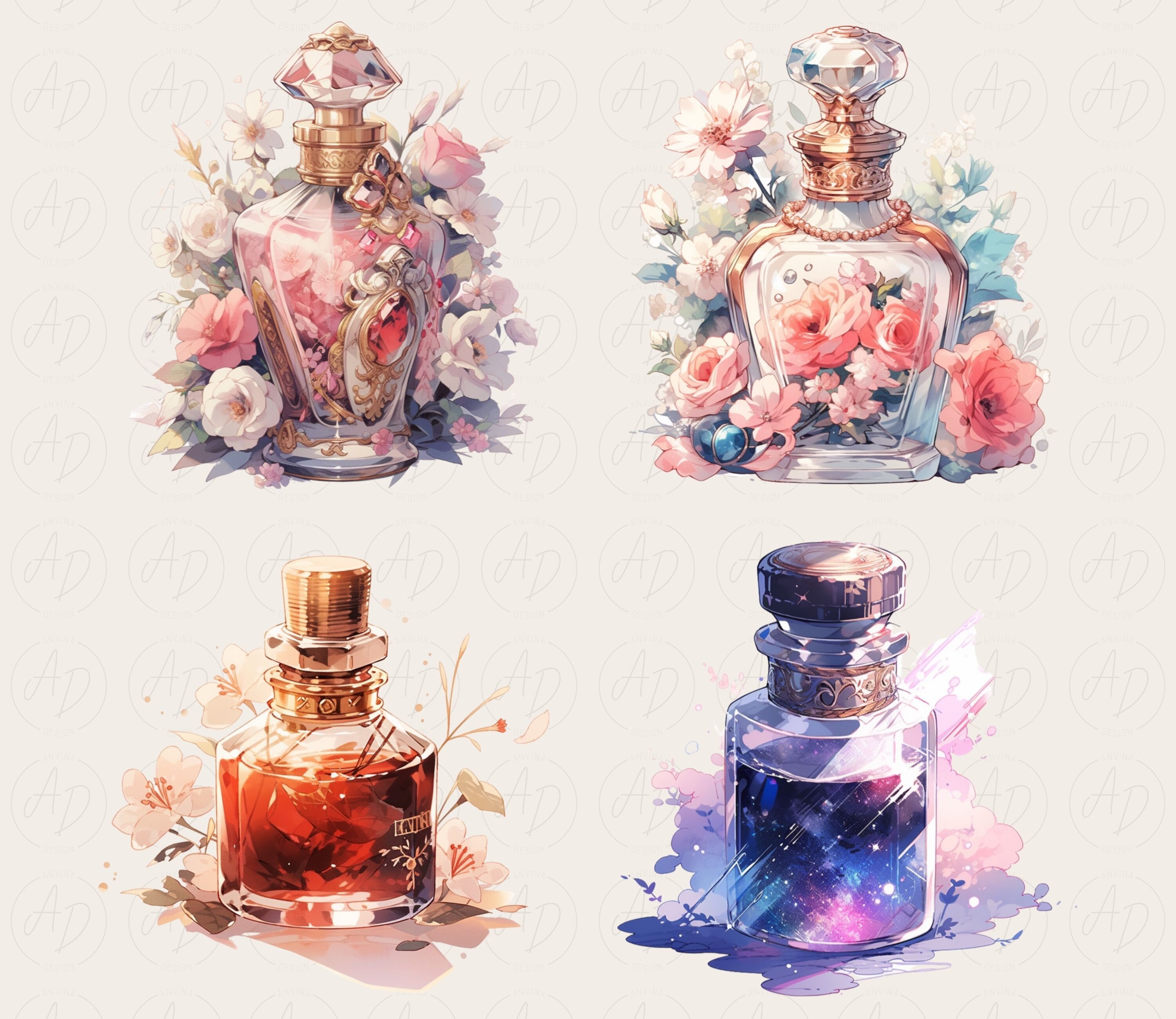 Ink Bottle Clipart Vintage Perfume Bottle Clip Art Watercolor Floral ...