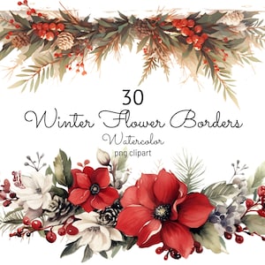 30 bordures de fleurs d'hiver Clipart PNG aquarelle Noël bordure florale Clip Art fabrication de cartes de Noël Scrapbooking usage commercial
