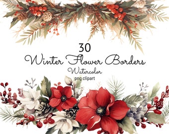 30 Winter Flower Borders Clipart PNG Watercolor Christmas Floral Border Clip Art Xmas Card Making Scrapbooking Commercial Use