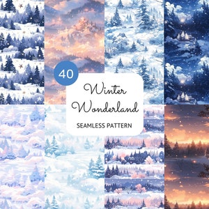 40 Winter Wonderland Patrón sin costuras Paisaje de invierno Paisaje Papel digital PNG Navidad Atardecer Gráficos Papel de envoltura Uso comercial