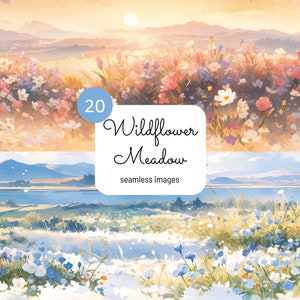 Wildflower Meadow Seamless PNG Landscape Flower Border Clipart Watercolor Floral Background Flowerfield Sunset Digital Paper Commercial Use
