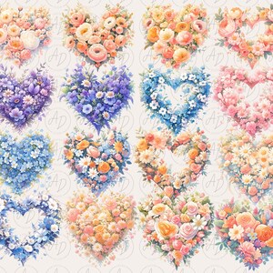 May include: A digital illustration of 16 heart-shaped floral arrangements. Each heart is filled with a variety of flowers in different colors, including pink, blue, purple, and yellow.