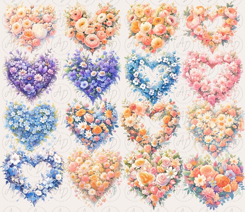 May include: A digital illustration of 16 heart-shaped floral arrangements. Each heart is filled with a variety of flowers in different colors, including pink, blue, purple, and yellow.