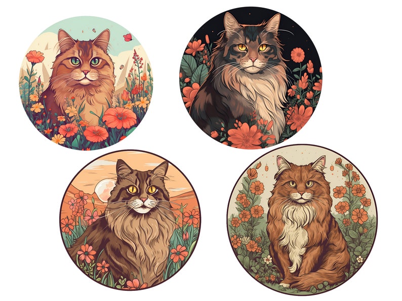 Circle Cat Clipart Brown Tabby Cat Clipart Floral Cat Graphics ...