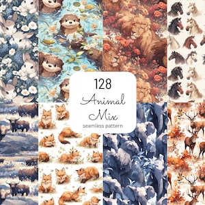 128 Animal Seamless Pattern Woodland Animal Mega Bundle Printable Safari Animal Digital Paper Card Making Nursery Decor PNG Commercial Use