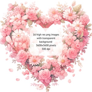 May include: A heart-shaped arrangement of pink flowers, including roses, daisies, and other blooms. The flowers are arranged in a heart shape, with a white background. The text "16 high res png images with transparent background 3600x3600 pixels 300 dpi" is in the center of the heart.