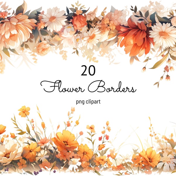 Fall Flower Border Clipart Autumn Floral Borders Clip Art Watercolor Wildflower PNG Card Making Digital Craft Seamless Commercial Use