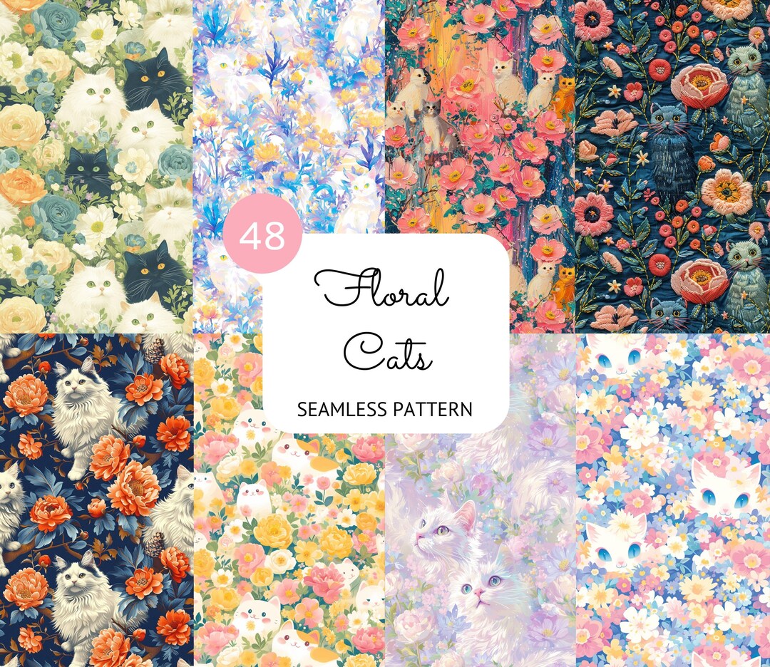 Floral Cats Seamless Pattern Repeatable Paper Digital Download ...