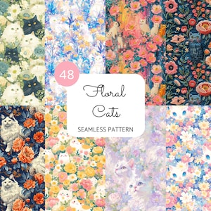 Floral Cats Seamless Pattern Repeatable Digital Paper Didital Download Commercial Use