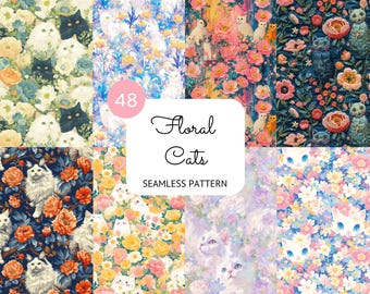 Padrão floral de gatos sem costura, repetível, para download digital e uso comercial.