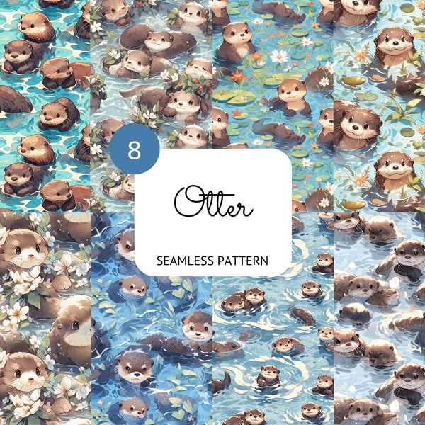 Otter Seamless Pattern Sea Otter Digital Paper Scrapbooking Card Making Nursery Decor Animal Background PNG Sublimation Commercial Use