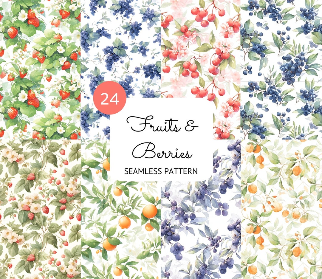 Writing Pattern Berry Fruits & Berries Seamless Pattern: Strawberry, Blueberry, Raspberry ...