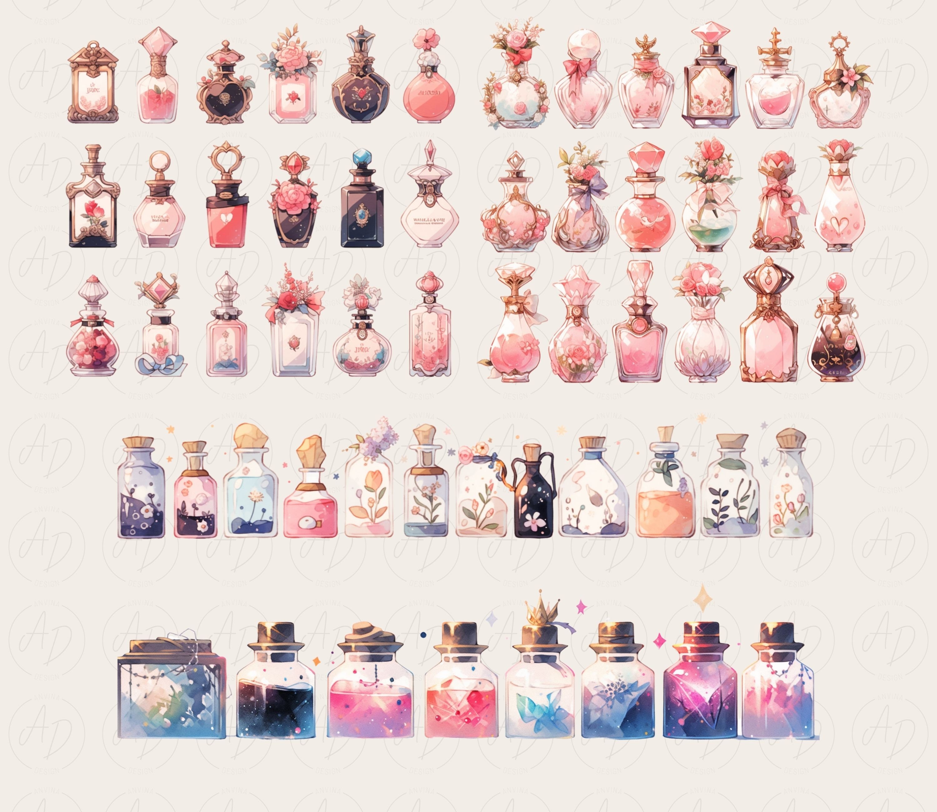 Ink Bottle Clipart Vintage Perfume Bottle Clip Art Watercolor Floral ...
