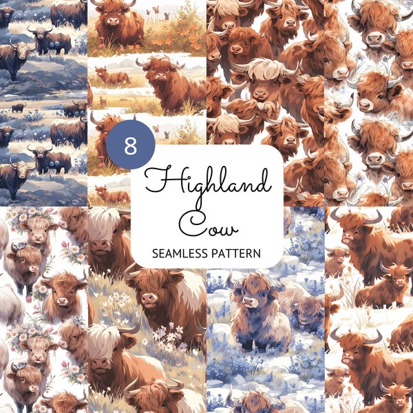 Highland Cow Seamless Pattern Cattle Digital Paper Scrapbooking Card Making Nursery Decor Animal Background PNG Sublimation Commercial Use