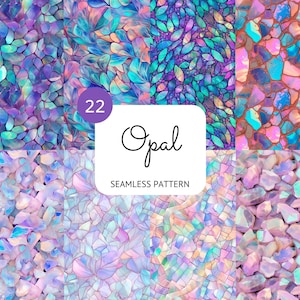May include: A set of six seamless patterns featuring iridescent opal designs. The patterns include a mosaic of opal stones, a floral design, and a pattern of small opal chips. The patterns are perfect for use in digital scrapbooking, web design, and other creative projects.